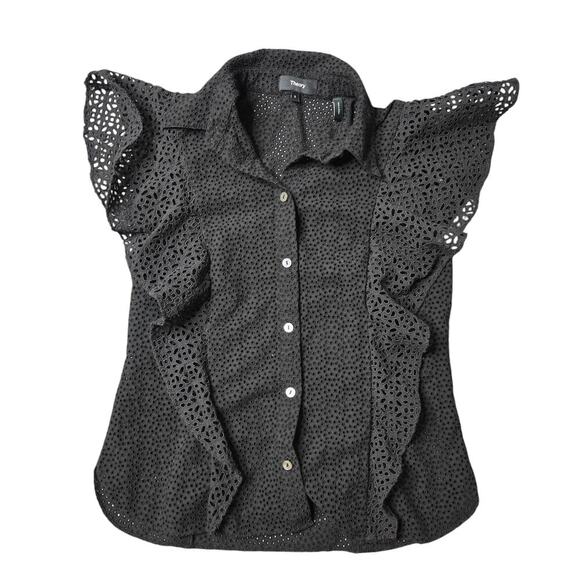 Theory Black Cotton Ruffle Blouse Size Small - Picture 2 of 4